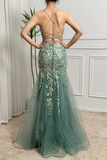 Light Green Mermaid Lace-Up Back Tulle Long Prom Dress with Appliques